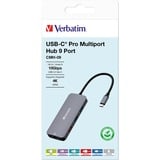 Verbatim USB-C Pro Multiport-Hub CMH-09, 9 Port , Dockingstation grau, HDMI, RJ-45, 3x USB-A, 2x USB-C, SD, microSD
